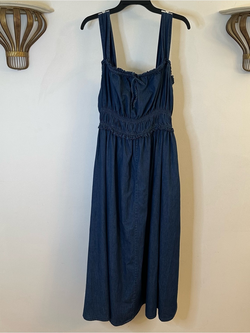 Gap Denim Milkmaid Cotton Western Smocked Tie Front Midi Casual Dress, Size XL - Picture 3 of 15